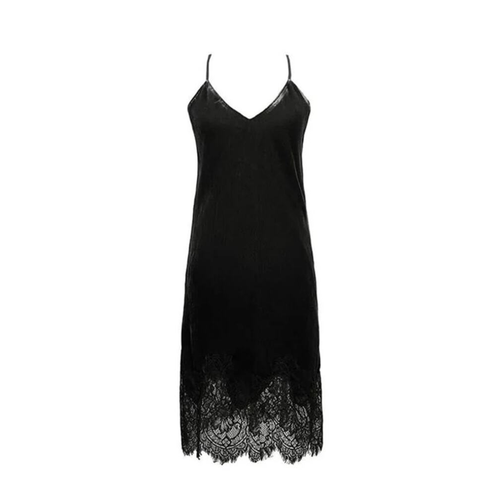 Gold Hawk Black Velvet Lace Trim Slip Dress Silk Blend Size M